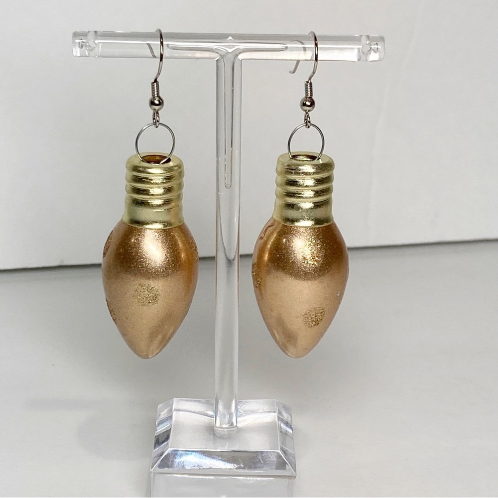 Christmas Tree Light Bulb Ornament Earrings Glitter Gold NEW